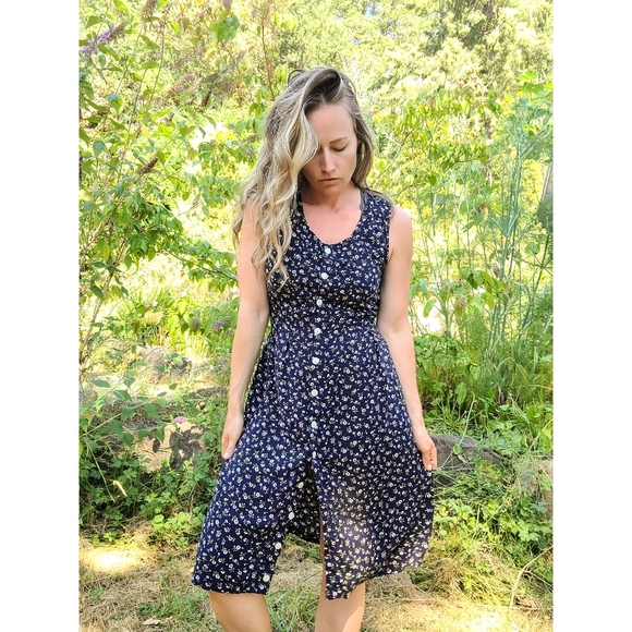 The Tori Vintage 90s Simple Floral Sun Dress Navy Sz M - Picture 2 of 9